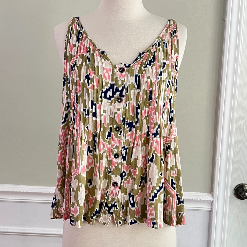 Maeve‎ Tank Top 6 Womens Pleated Button Front Ikat Olive Pink Boho Anthropologie